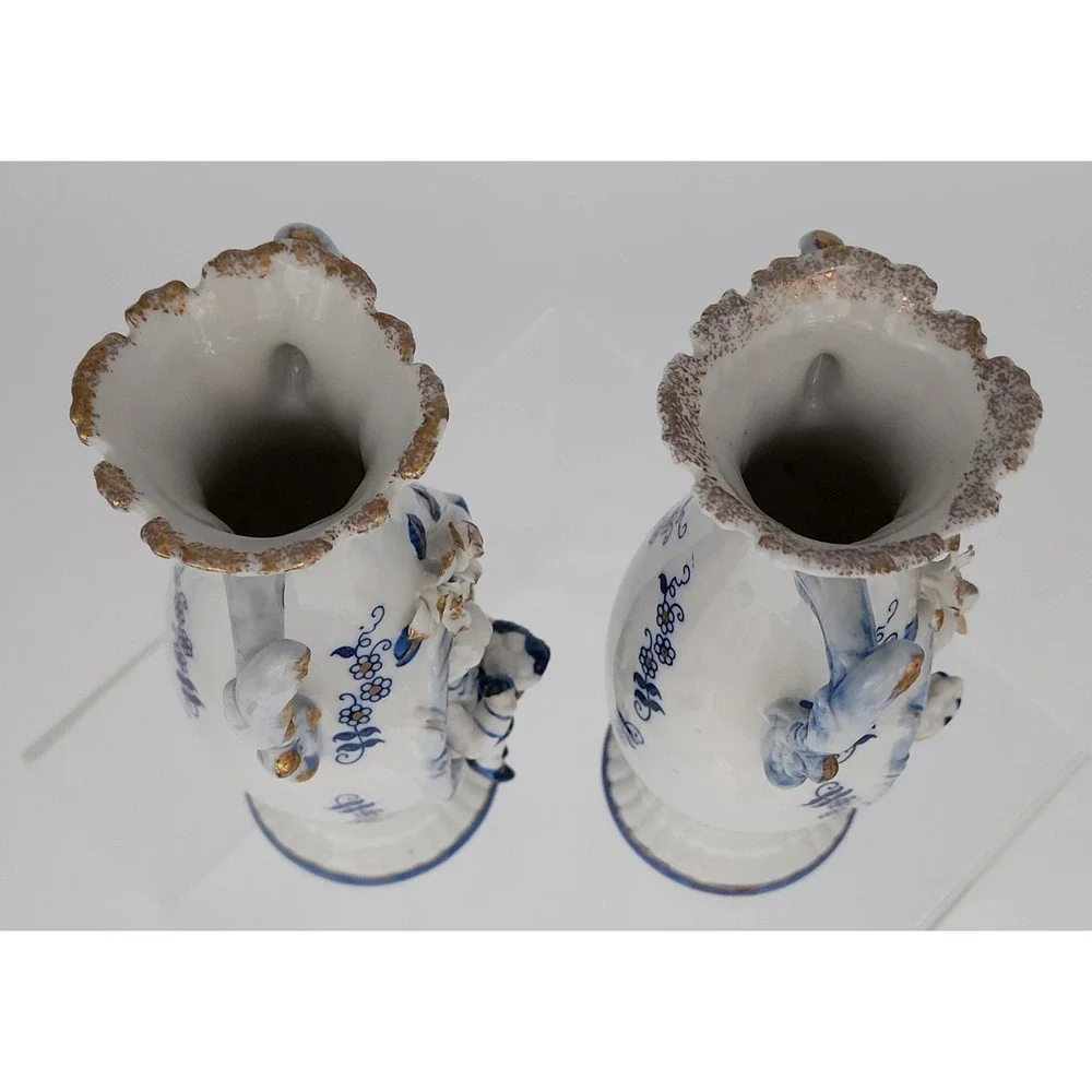 Allied Japan Porcelain Figural Vases Set of 2 Blue White Gold Victorian 3D EXC